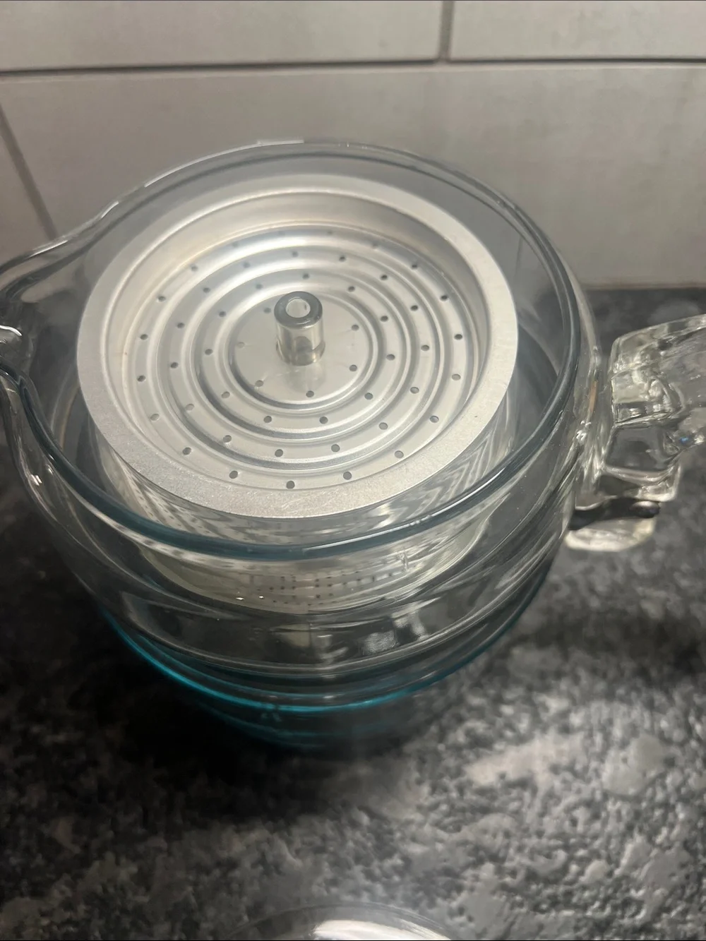 4 cup PYREX FLAMEWARE Clear Glass Stovetop Coffee Pot Stainless Accent COMPLETED